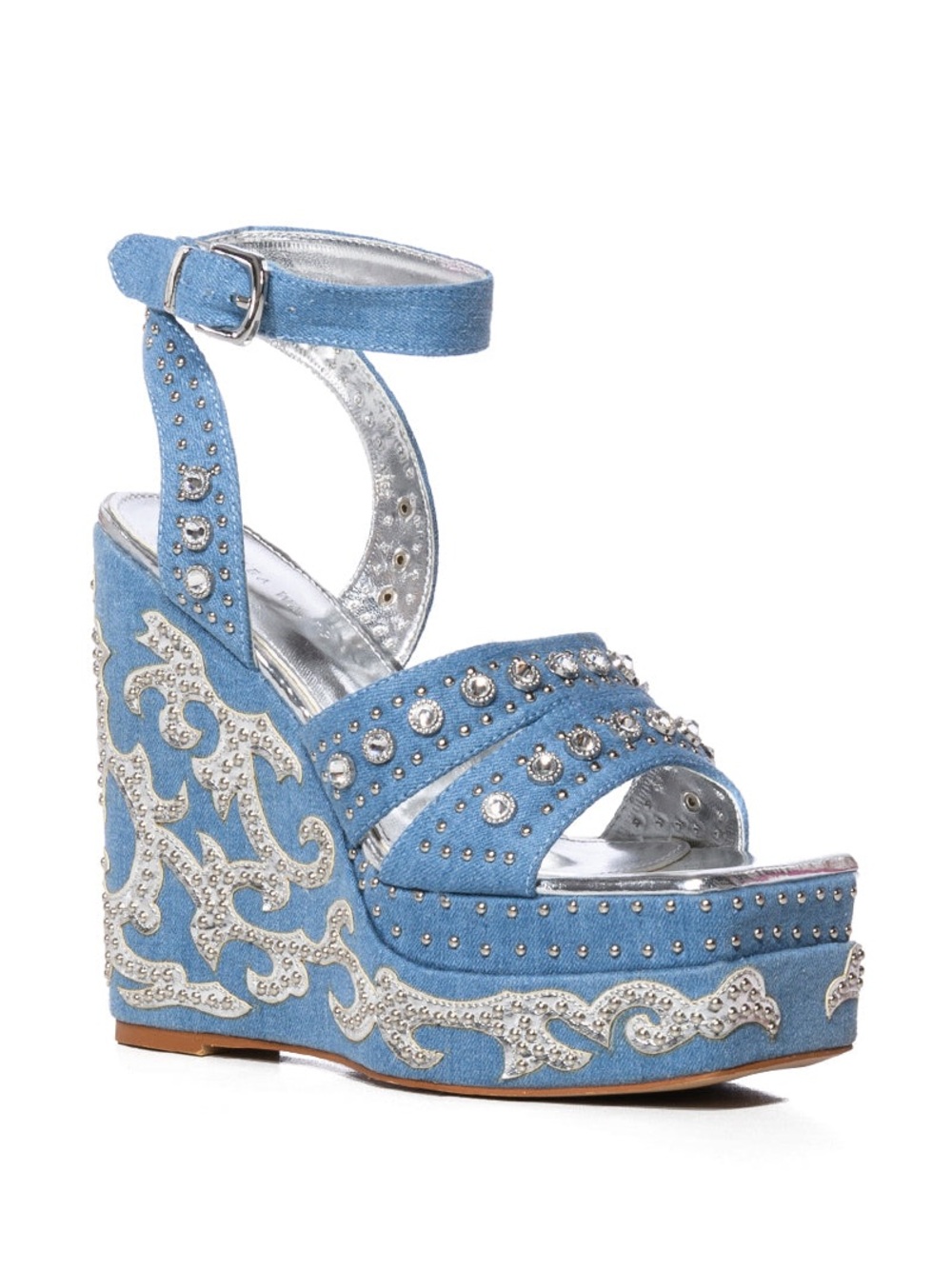 AKIRA Azalea Wang Nutmeg Embellished Denim Wedge Sandals Size 8, NEVER WORN - Picture 2 of 8